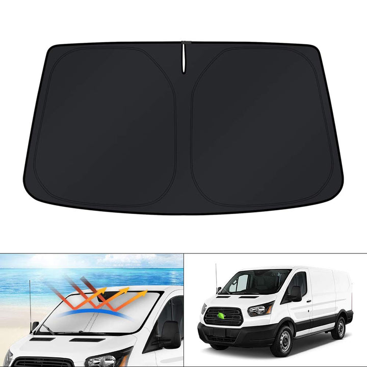 KUST front view of custom-fit shade fitted to Transit windshield reduces cabin heat