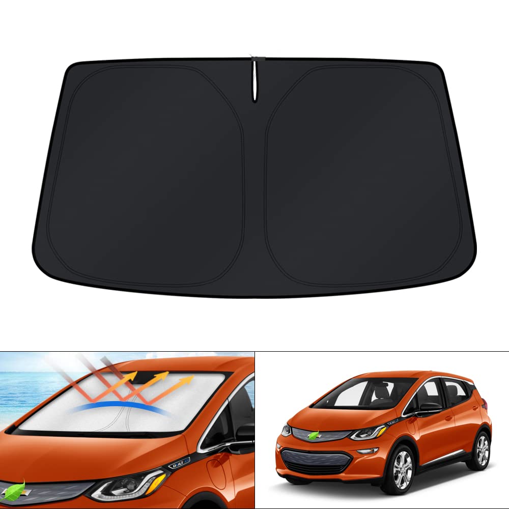KUST sun shade front view fitted on Bolt EV windshield protecting interior