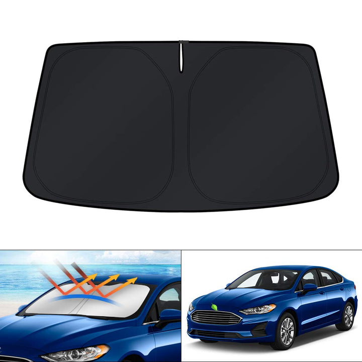 KUST front view of sun shade fitted on Fusion windshield showing full coverage