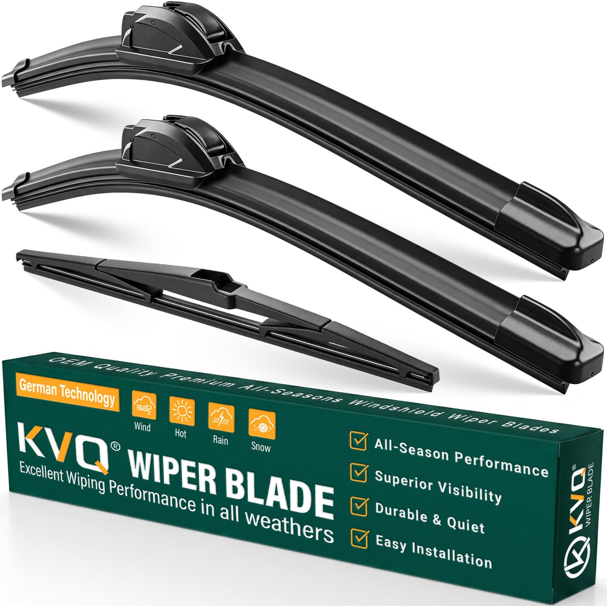 KVQ front packaging showing direct-fit Sienna wiper set and easy install benefit