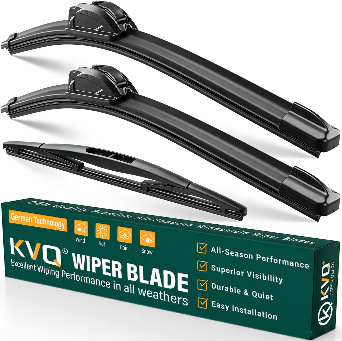 KVQ front packaging showing complete 26/18/12 inch set and quick-fit benefit