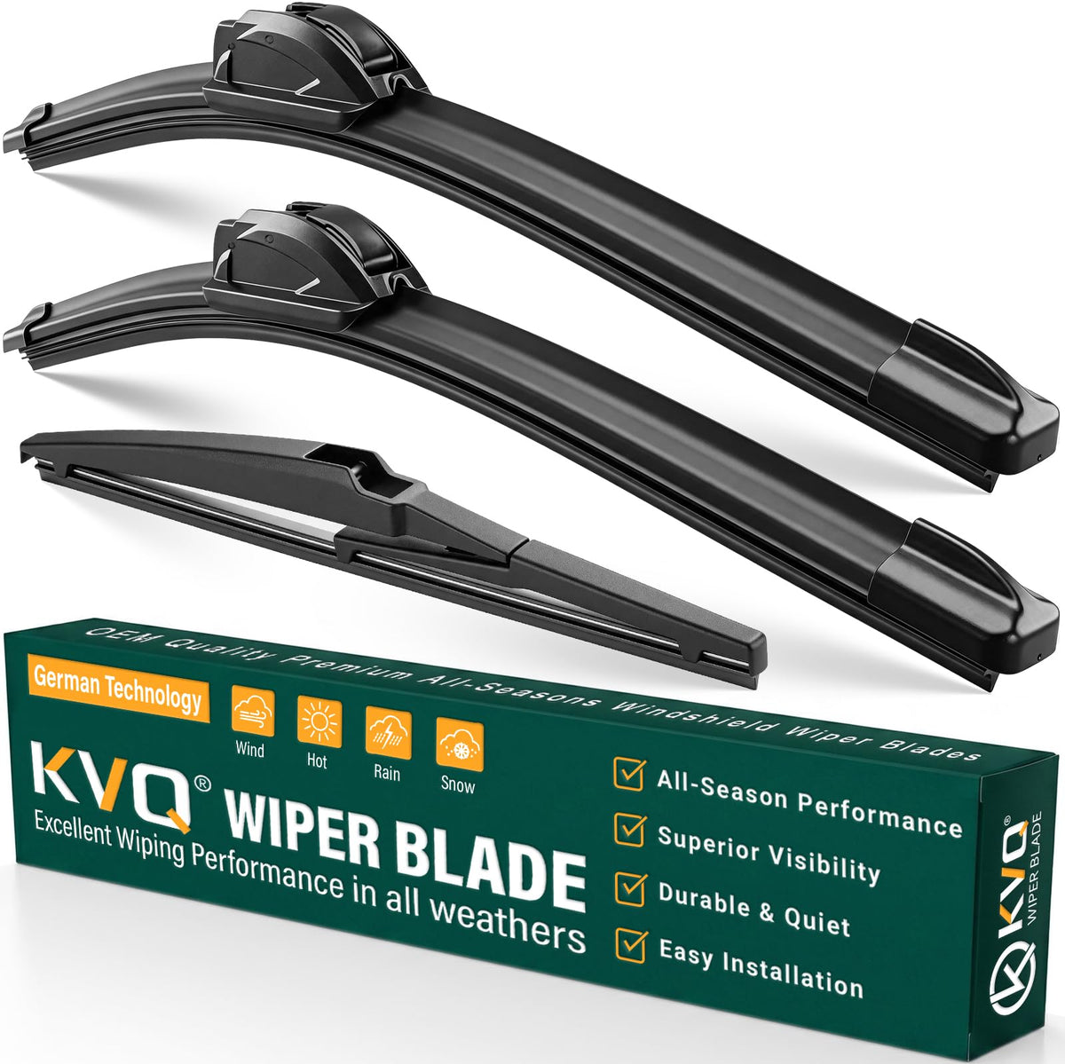 KVQ front packaging showing three-piece wiper set and fitment benefit