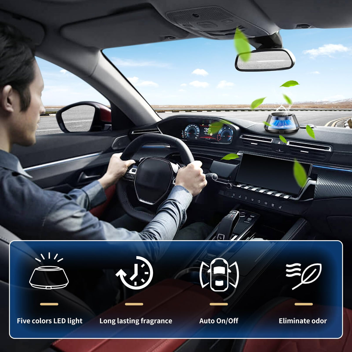 Kwak's diffuser in a car interior lifestyle shot illustrating improved cabin ambience during commute