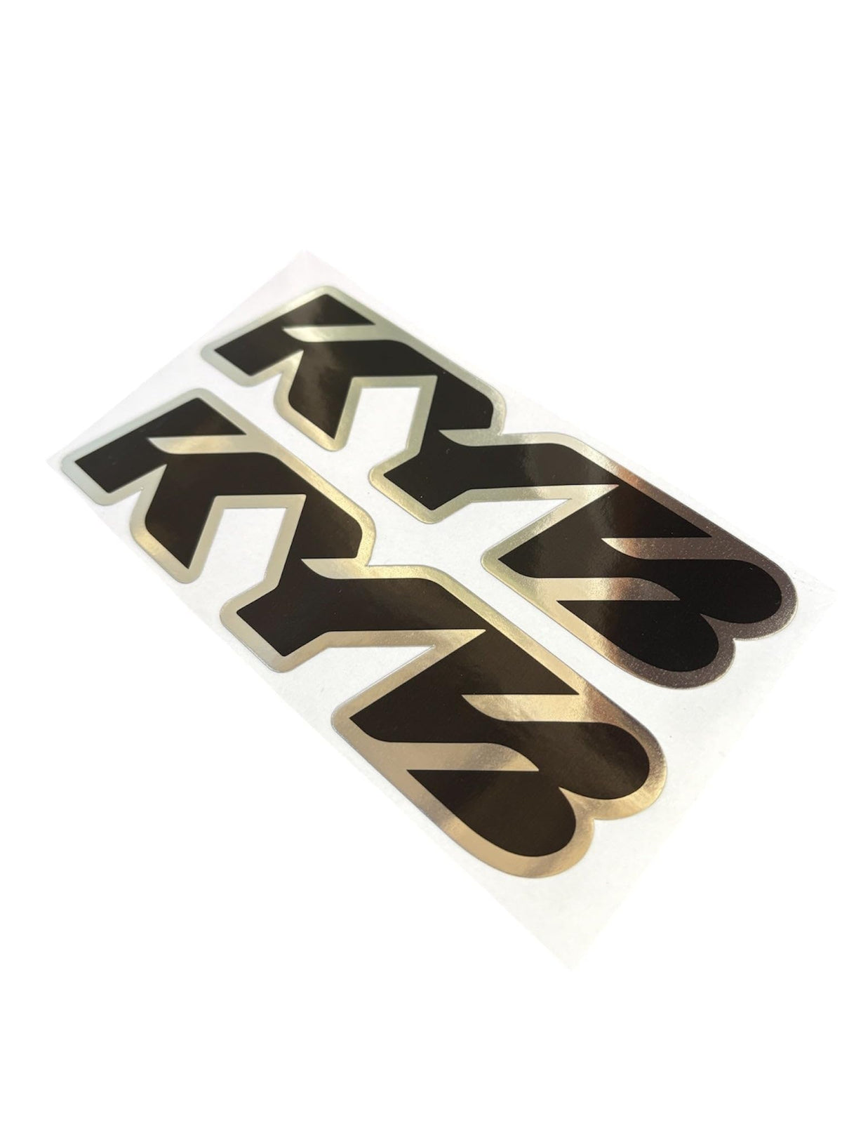 Generic KYB chrome fork stickers front packaging showing pair and glossy finish