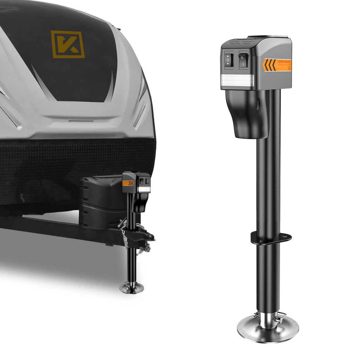 KYX front view of electric trailer jack showing durable body and lift benefit