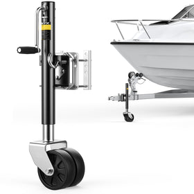 KYX trailer jack front view showing sturdy frame and wheel benefit