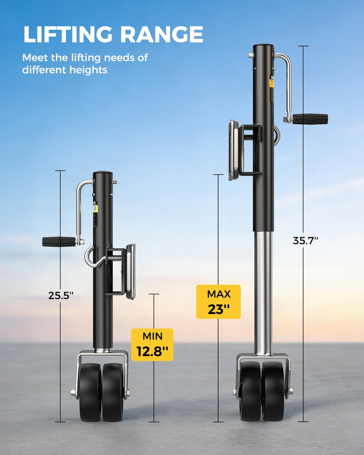 KYX jack extended to show lift range and easy height adjustment benefit
