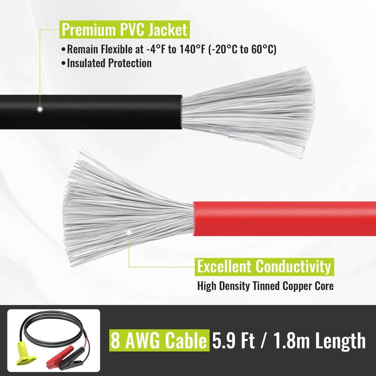 Kzreect full cable length and 8AWG gauge illustrating heavy-duty conductivity