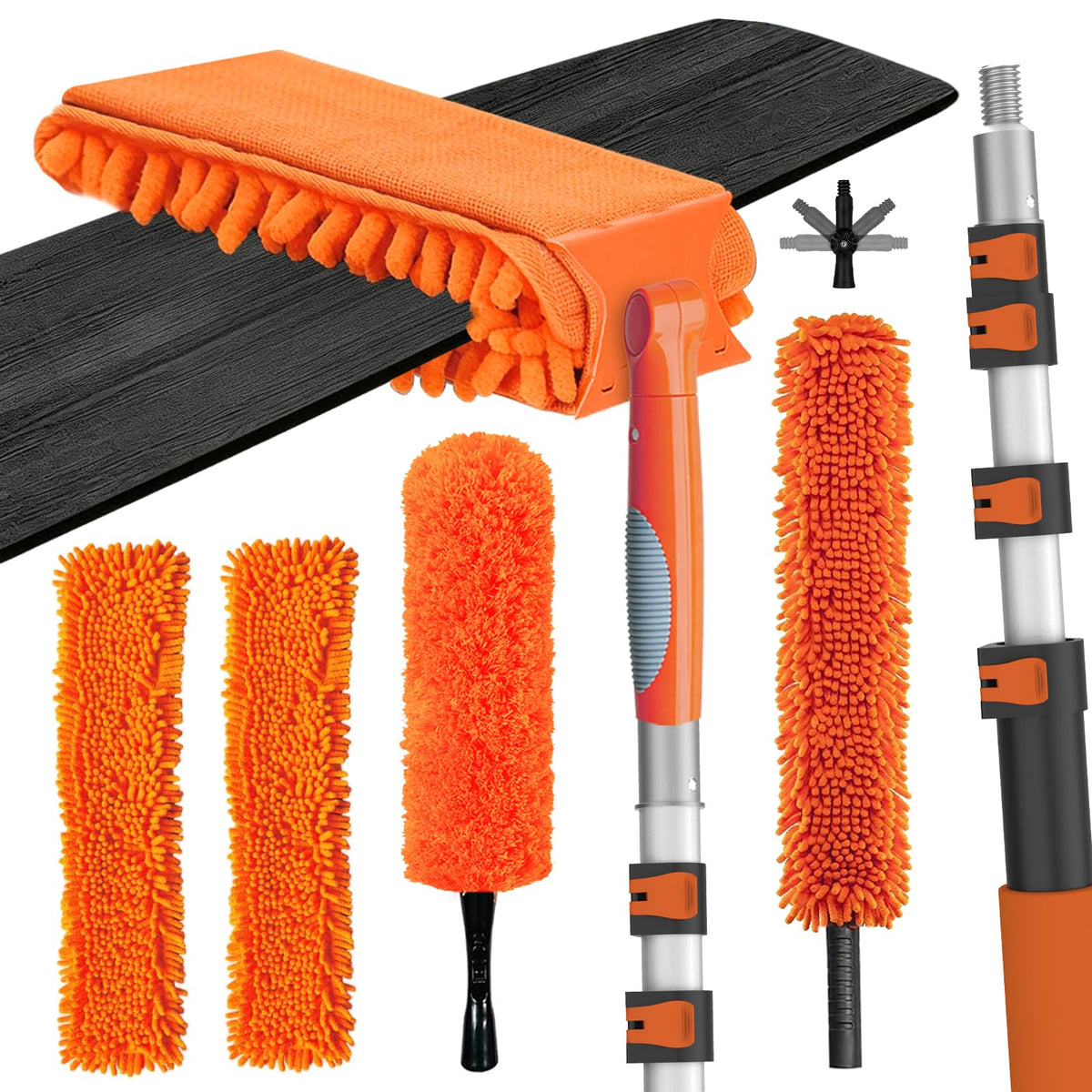 LAANPOLE front view of full duster kit showing pole and multiple heads, safe ladder-free cleaning