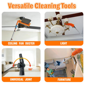 LAANPOLE in use cleaning a ceiling fan, keeps user grounded for safer cleaning