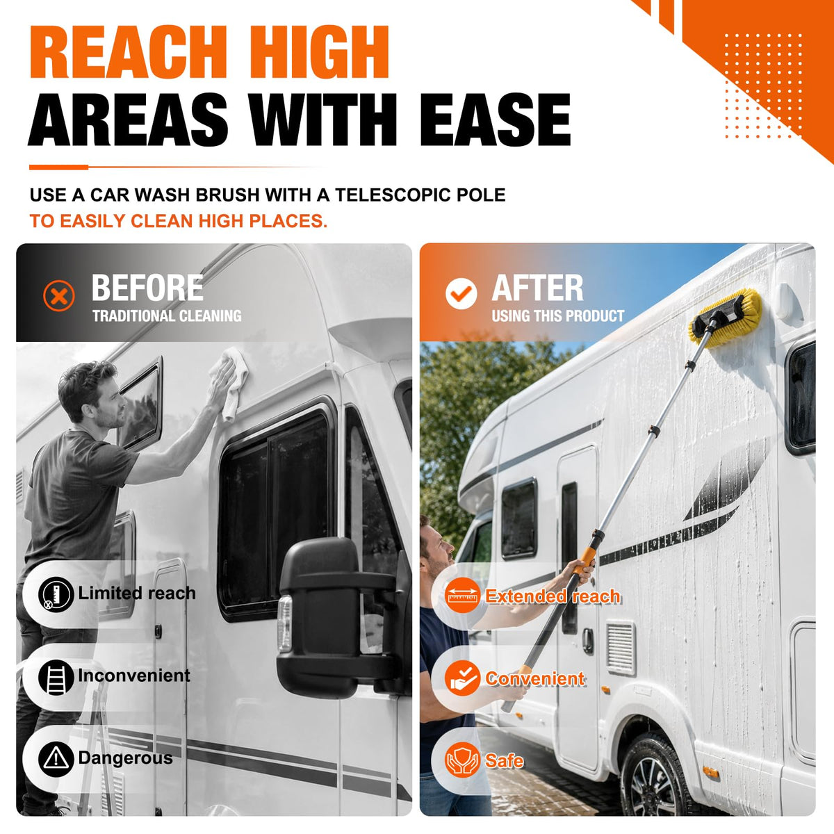 LAANPOLE cleaning an RV roof safely from ground level without ladder