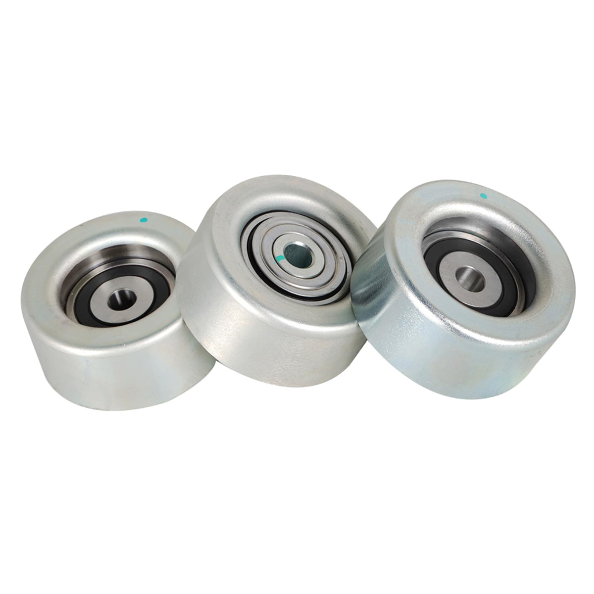 labwork front view of three idler pulleys showing complete kit and clear labeling for easy identification