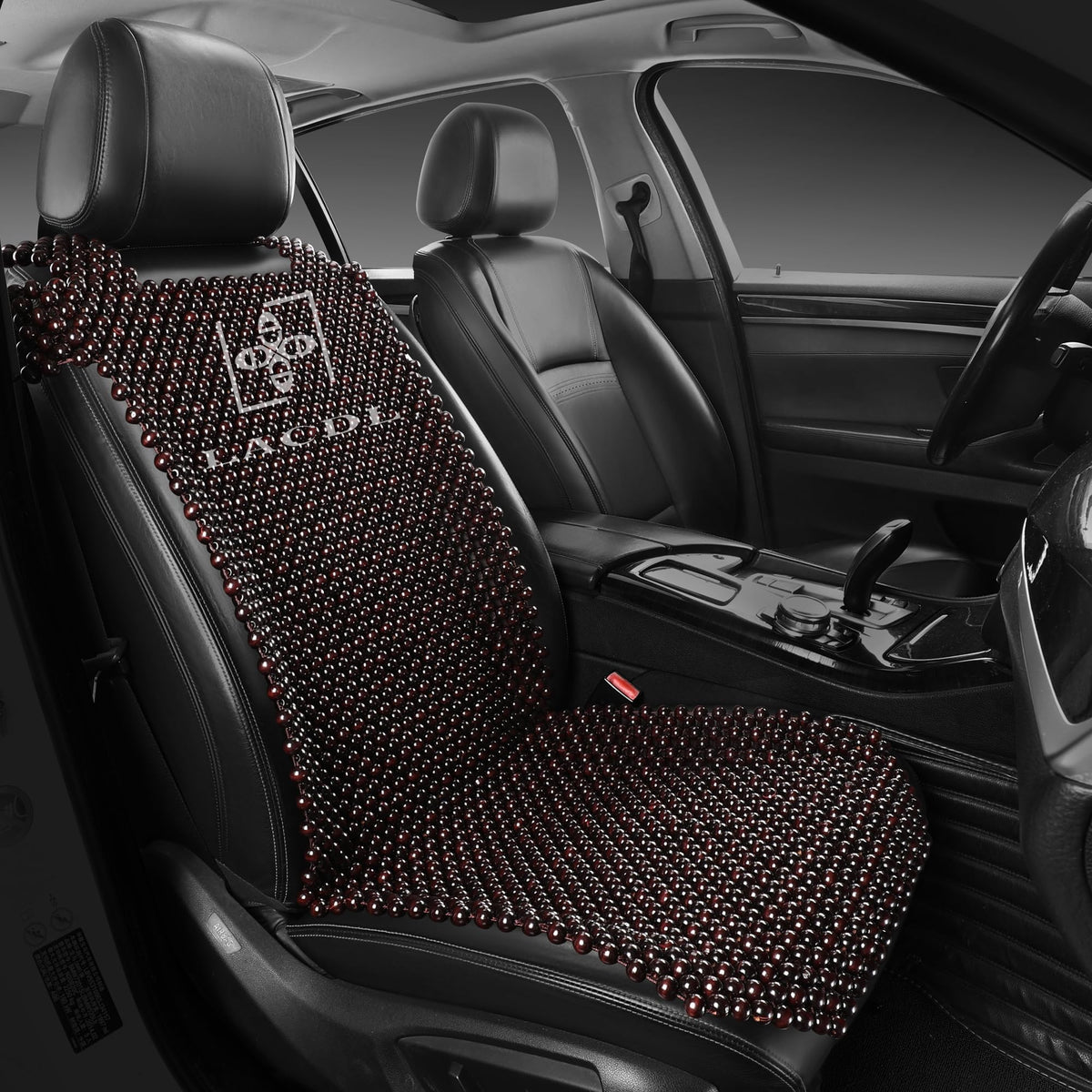 LACDL front view of dark red beaded seat cover showing full fit and protection