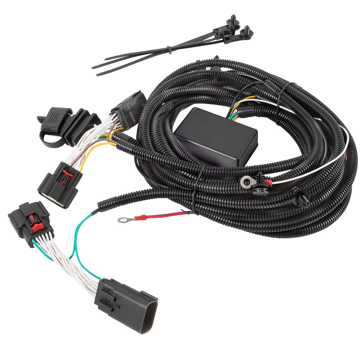LAIKOU package contents laid out with harness, zip ties and connectors