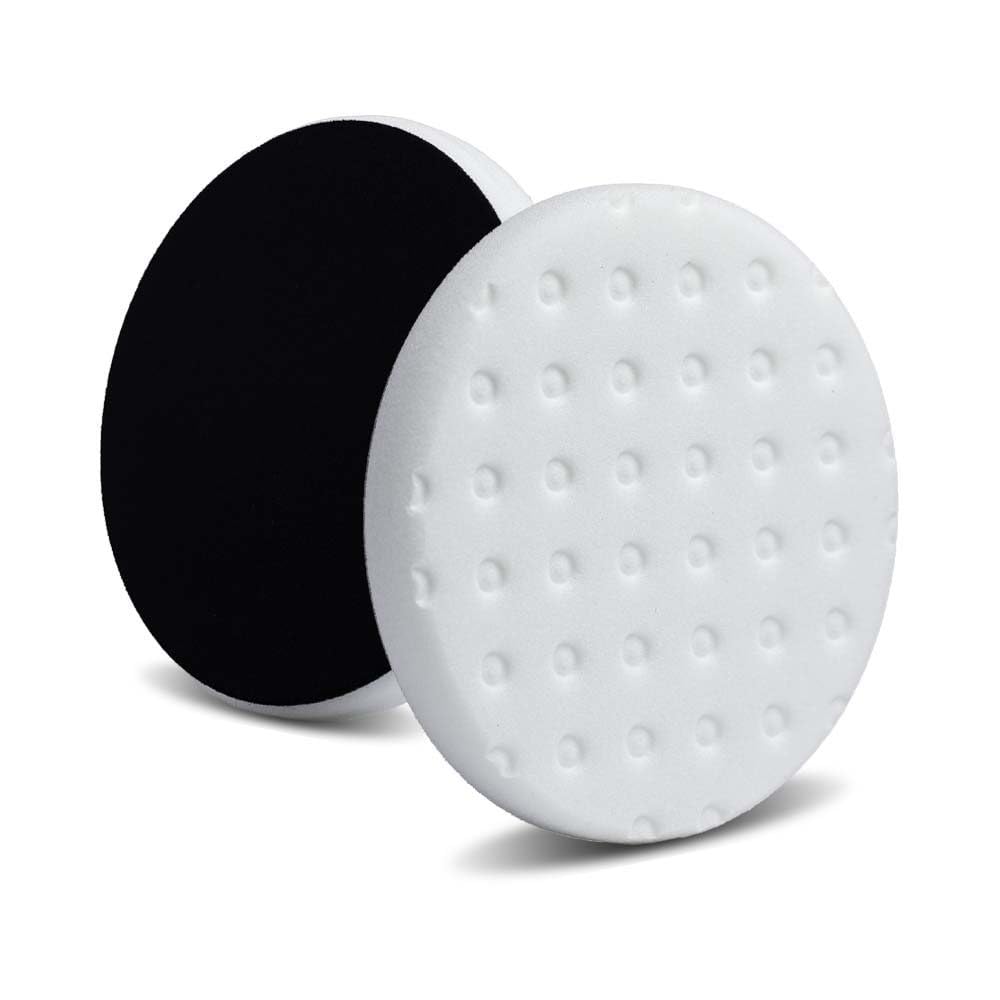Lake Country front view of 6.5-inch CCS white polishing pads showing clean edges and fit benefit