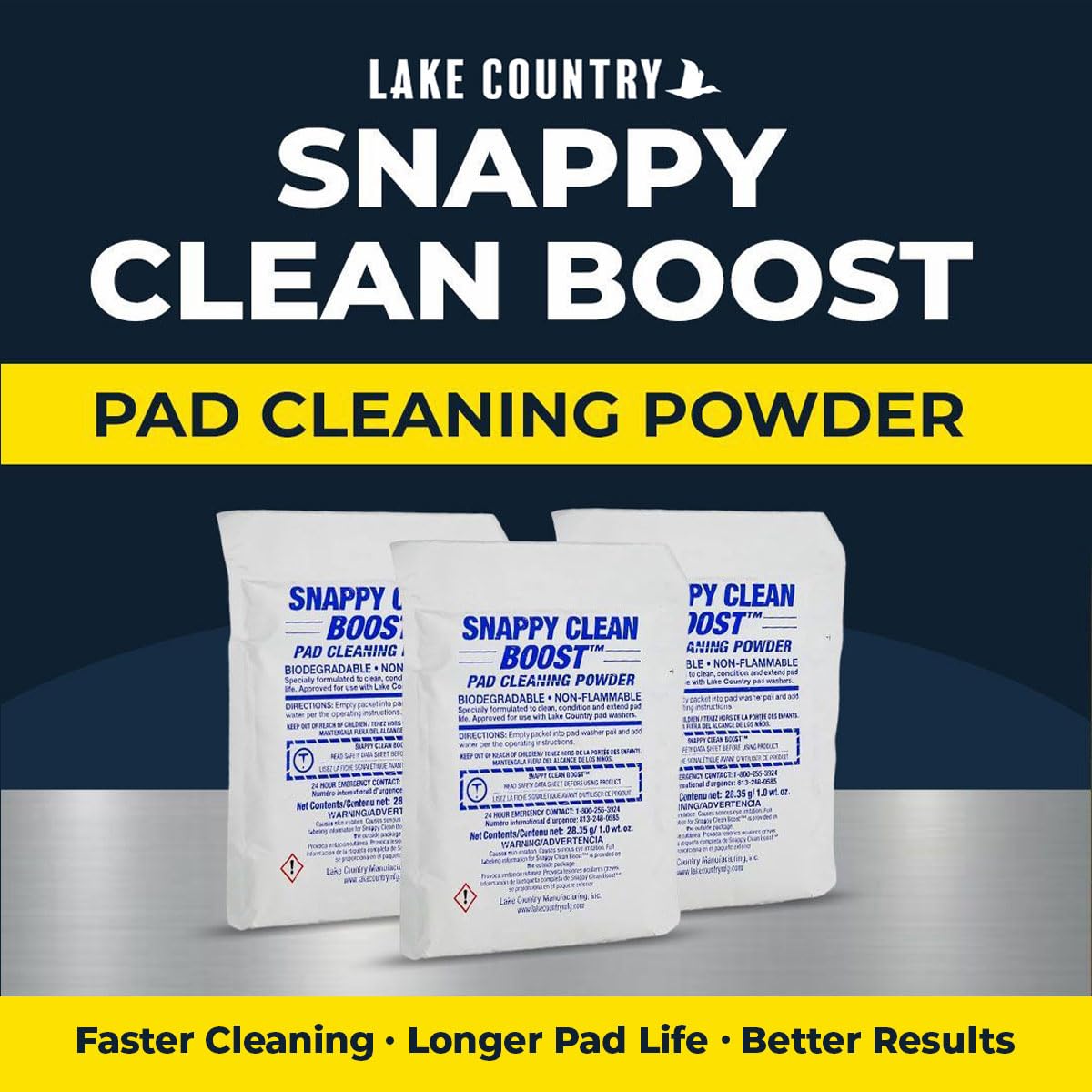 Lake Country clean pad next to dirty pad showing restored fiber loft