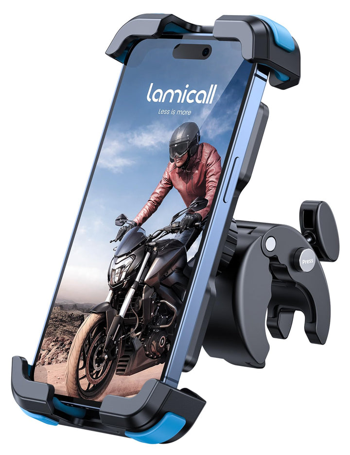 Lamicall front view mounted on handlebar showing secure hold and clear screen visibility
