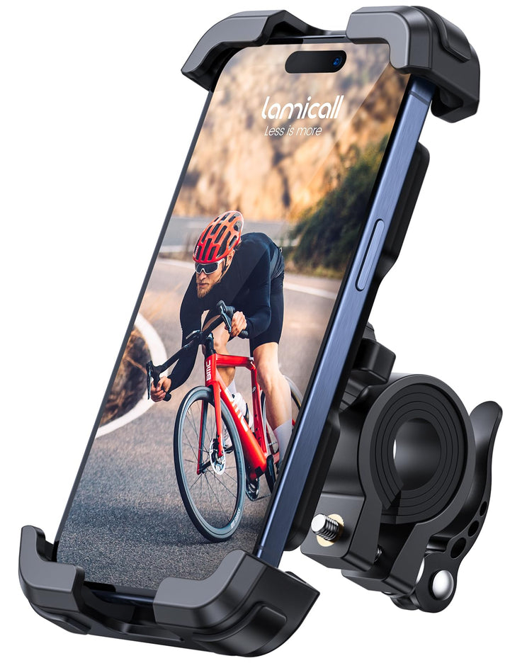 Lamicall front view on handlebar showing secure phone mounting benefit