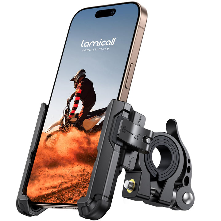 Lamicall front view on handlebar showing secure mounting benefit