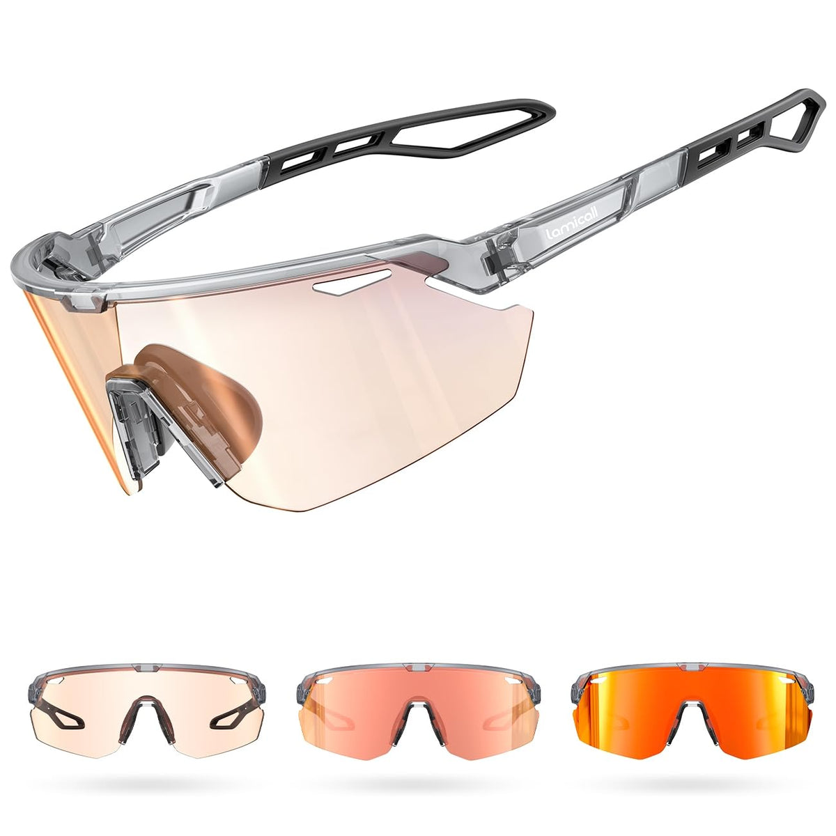 lamicall front view sunglasses showing sporty frame and clear-to-dark lens benefit