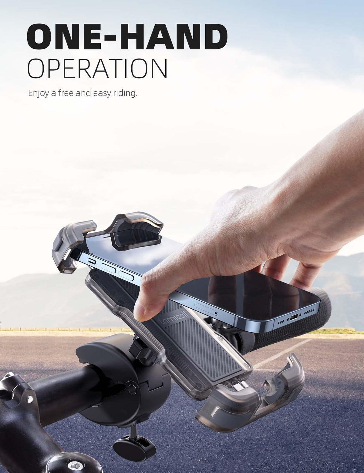 Lamicall handlebar clip button detail enabling tool-free install