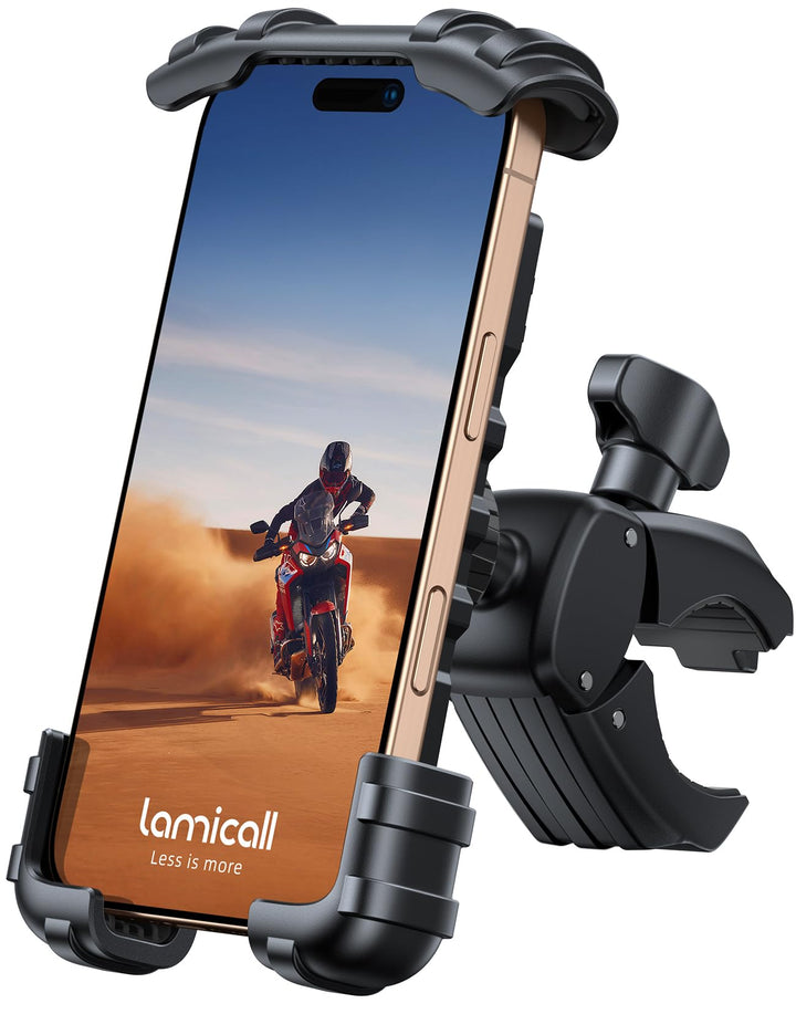 Lamicall handlebar front view showing secure phone mount and easy access