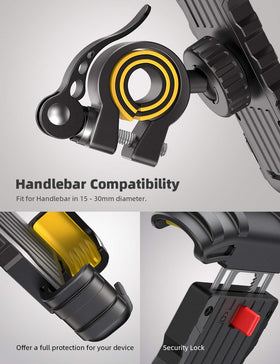 Lamicall installation on motorcycle handlebar showing tool-free clamp fit