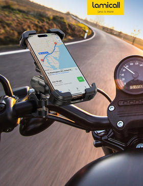 Lamicall lifestyle motorcycle ride setup showing stable phone navigation