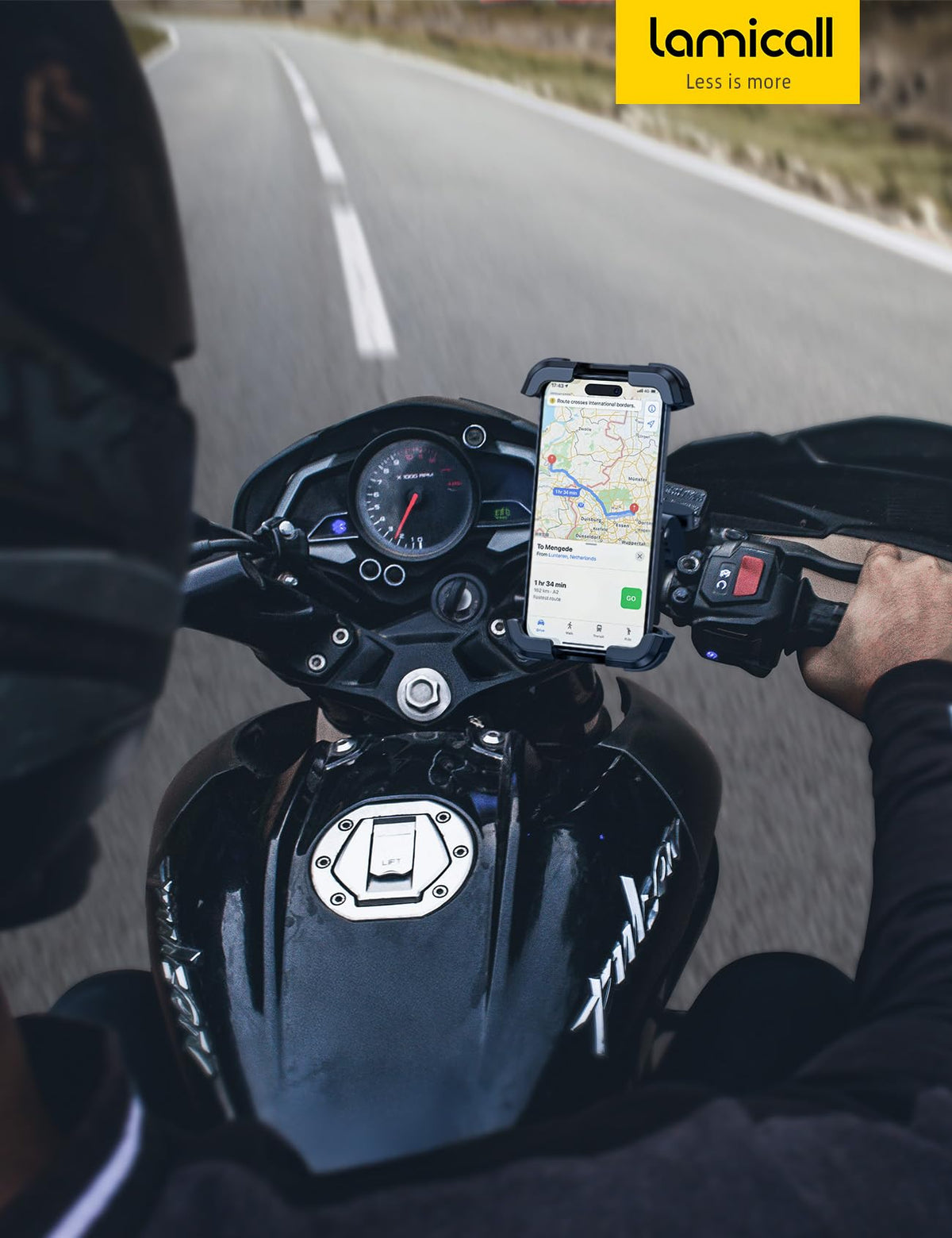Lamicall lifestyle image of rider using navigation with stable phone mount