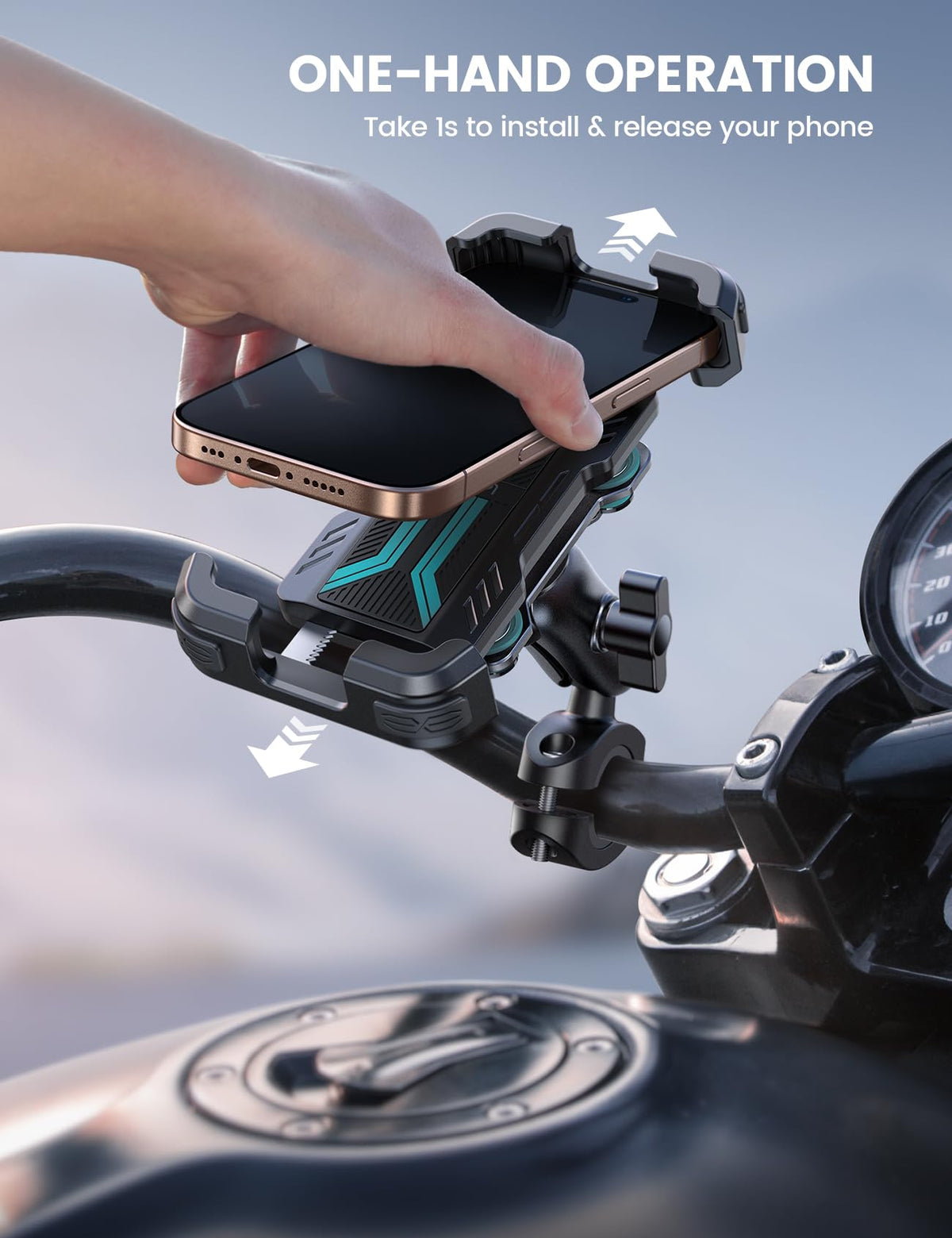 Lamicall mounted on motorcycle showing stable navigation and hands-free benefit