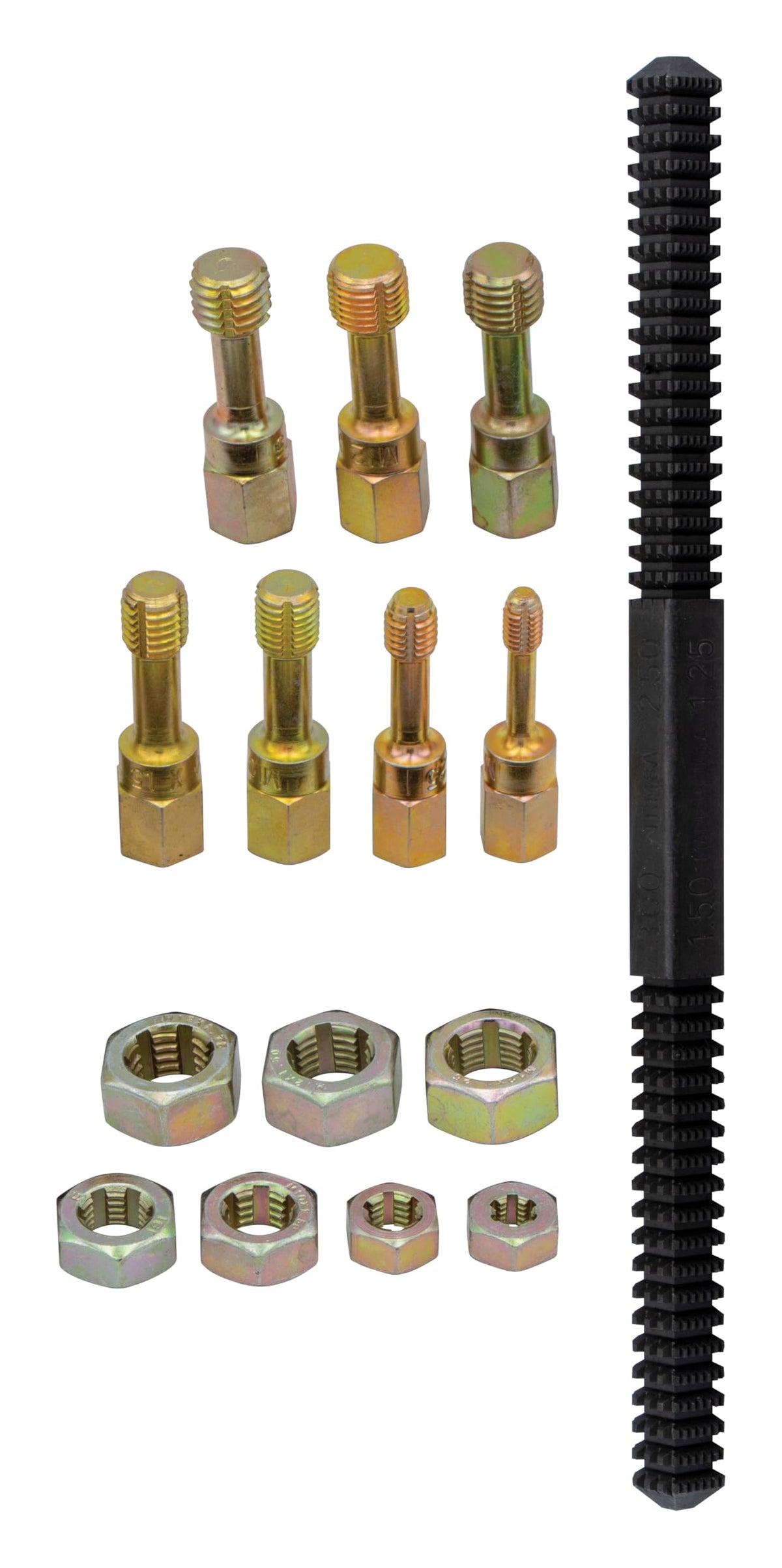 Lang Tools close-up of metric rethread dies; quick size recognition benefit