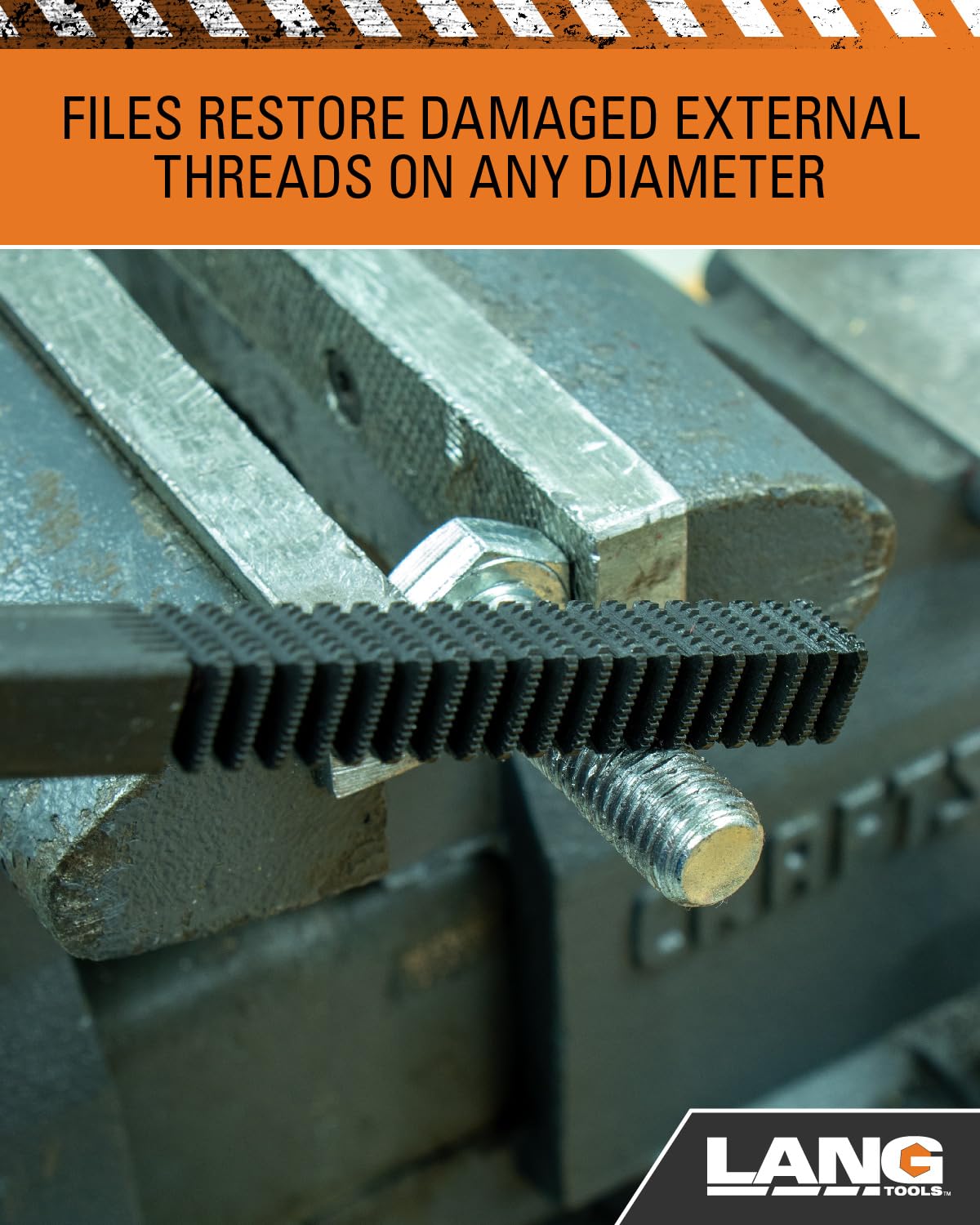 Lang Tools rethreading a bolt in use; restores external threads quickly benefit