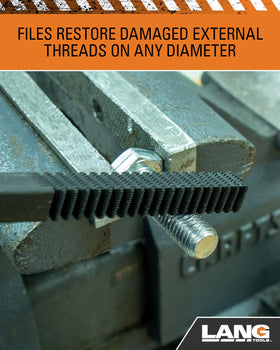 Lang Tools rethreading a bolt in use; restores external threads quickly benefit