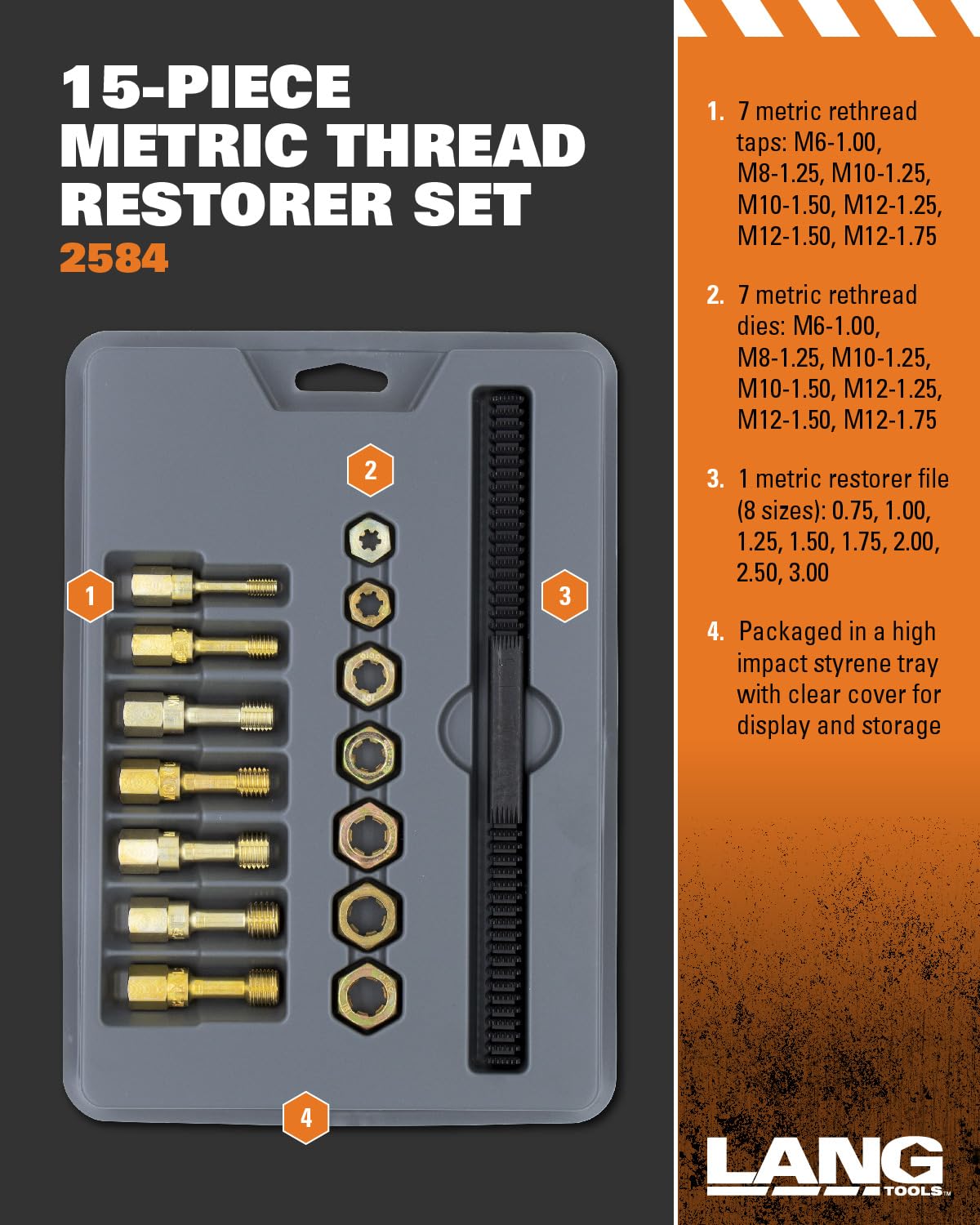 Lang Tools close-up of metric rethread taps; precision cutting edge benefit