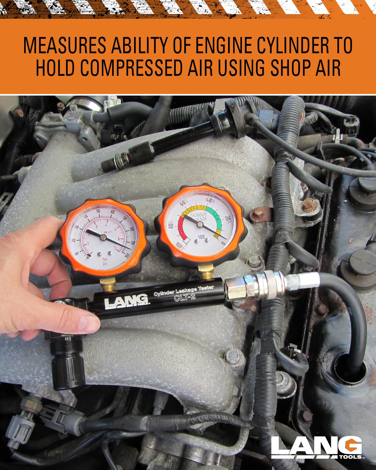 Lang Tools CLT-2 connected to engine spark plug hole demonstrating accurate leak testing