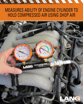 Lang Tools CLT-2 connected to engine spark plug hole demonstrating accurate leak testing