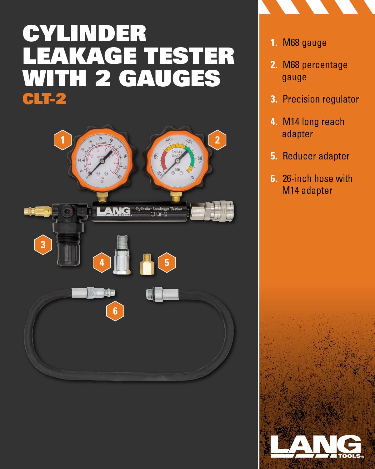 Lang Tools CLT-2 closeup of regulator and dual gauges for precise pressure control