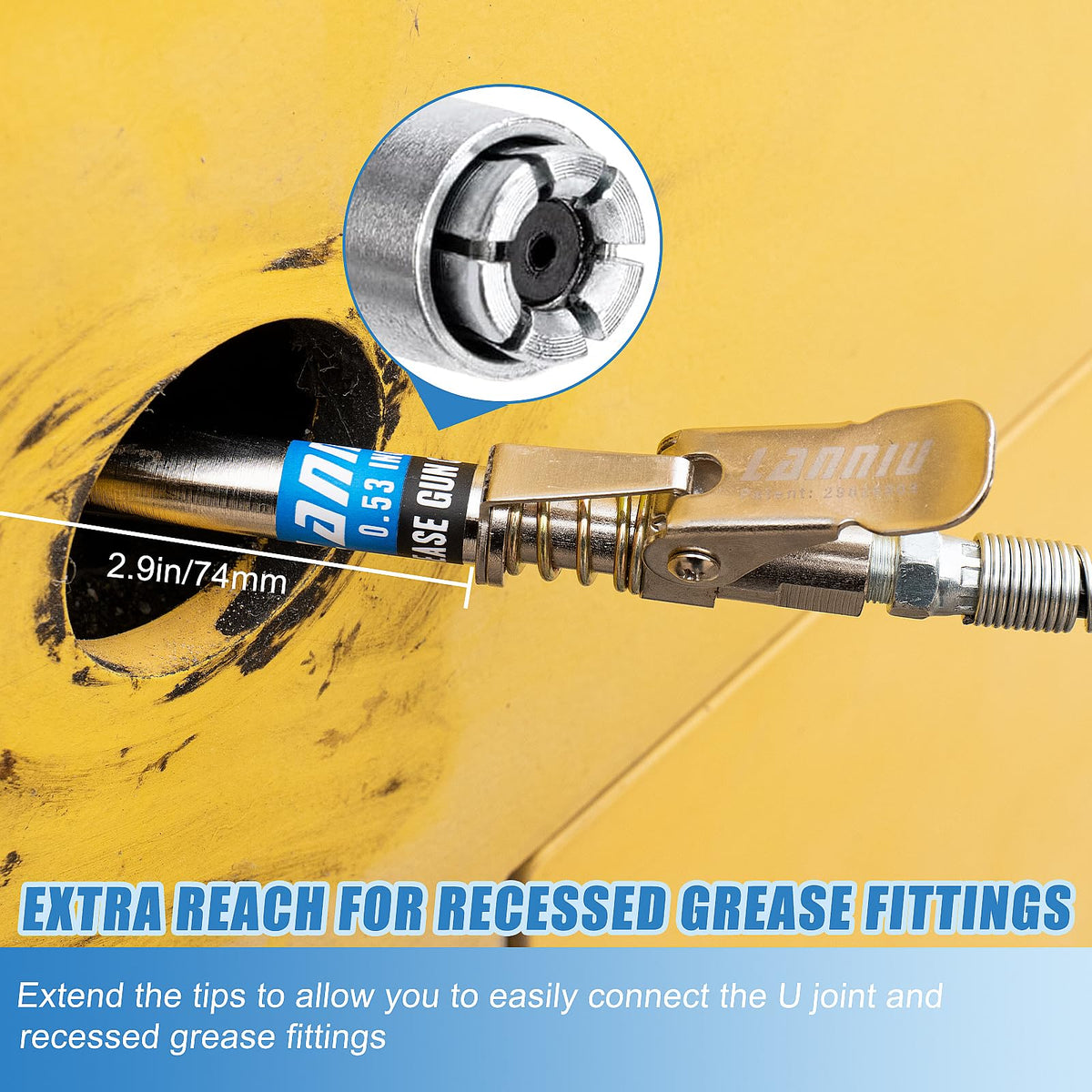 LANNIU coupler attached to grease gun demonstrating one-handed use benefit