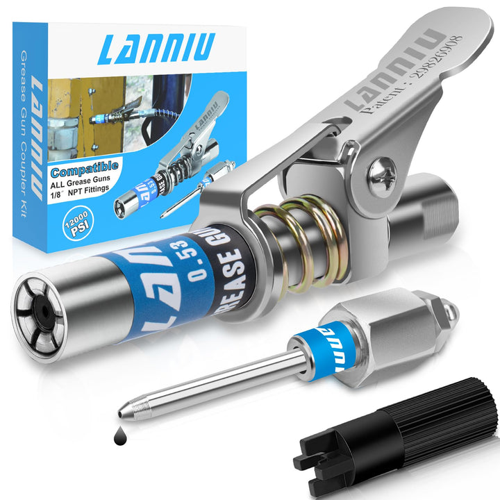 LANNIU front packaging showing compact grease gun accessories and benefits