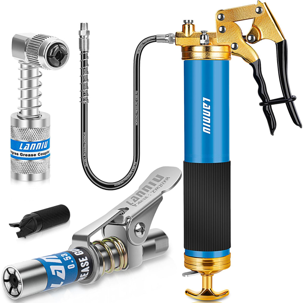 LANNIU grease gun front profile showing robust build and fast setup