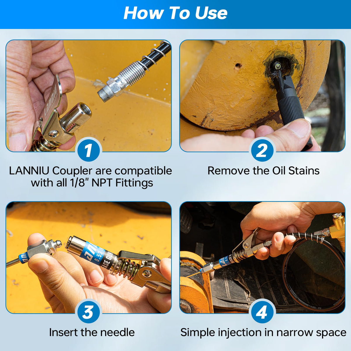 LANNIU being used on tight automotive chassis to reach recessed grease fittings