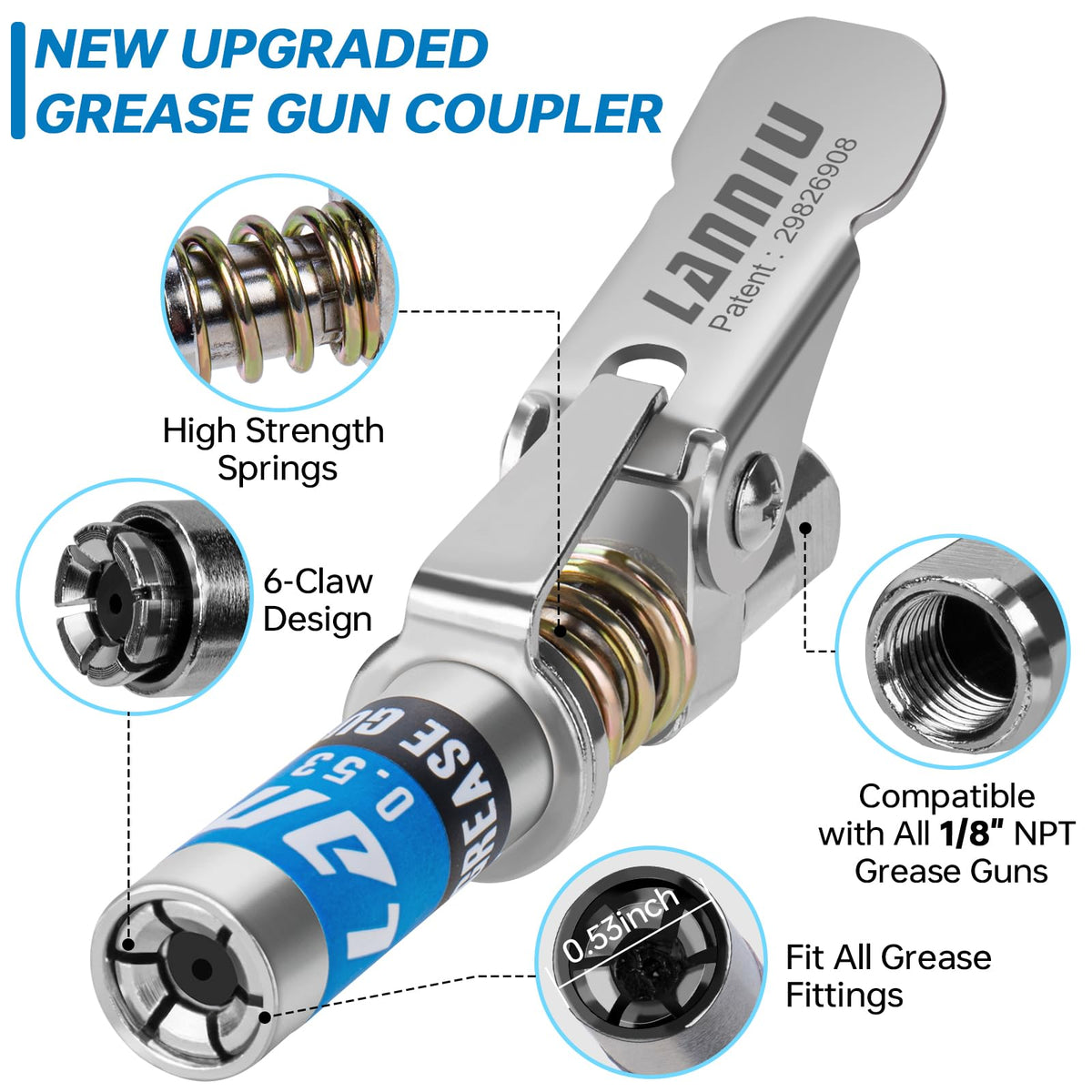 LANNIU needle dispenser tip closeup for precise grease delivery in narrow spots