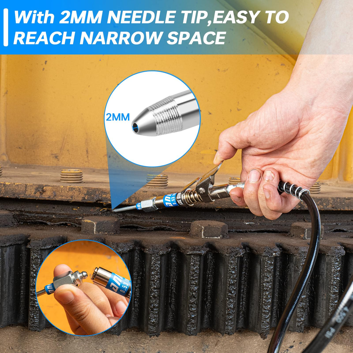 LANNIU grease coupler beside a coin to show compact 0.53" size advantage