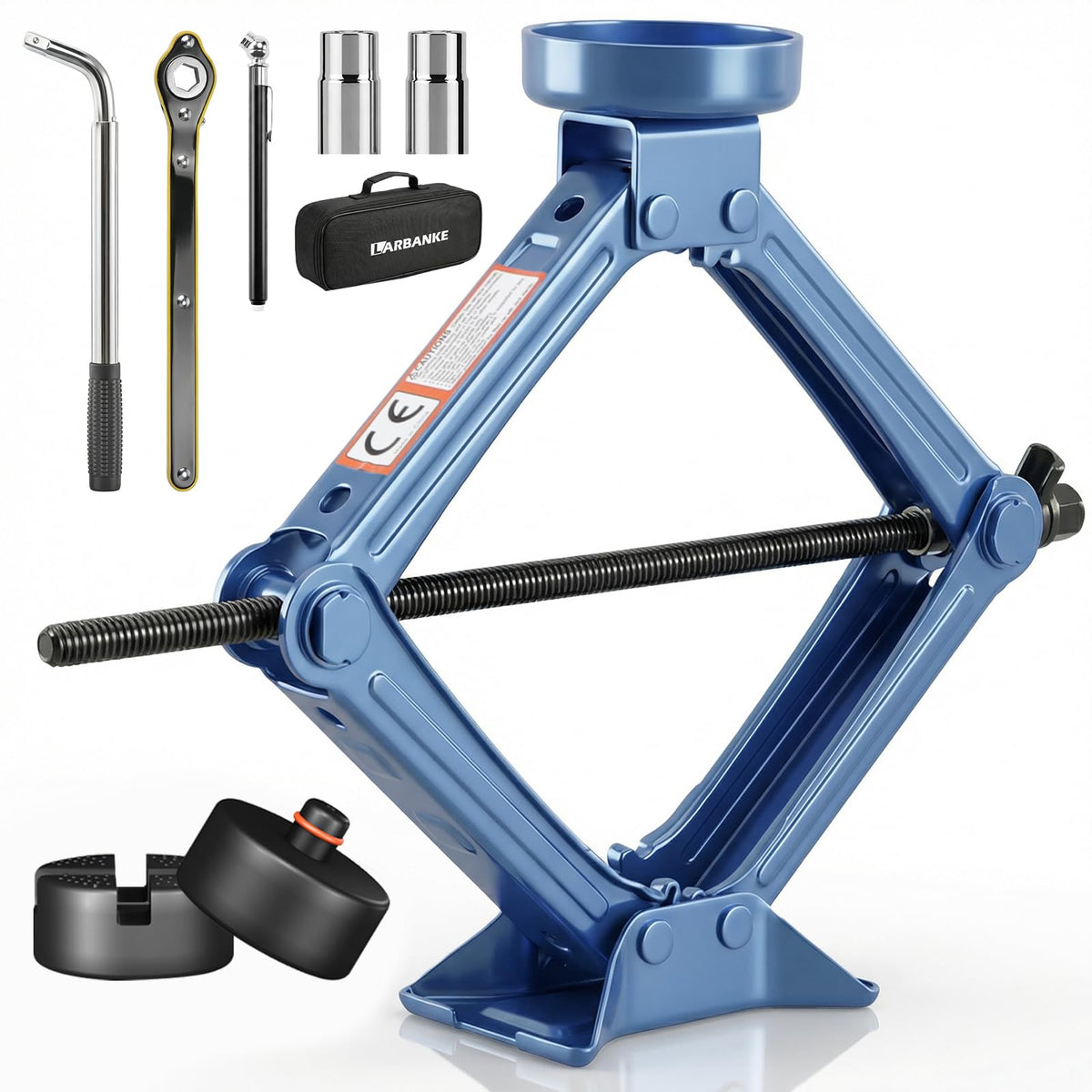LARBANKE scissor jack front view showing sturdy steel frame and safe lift