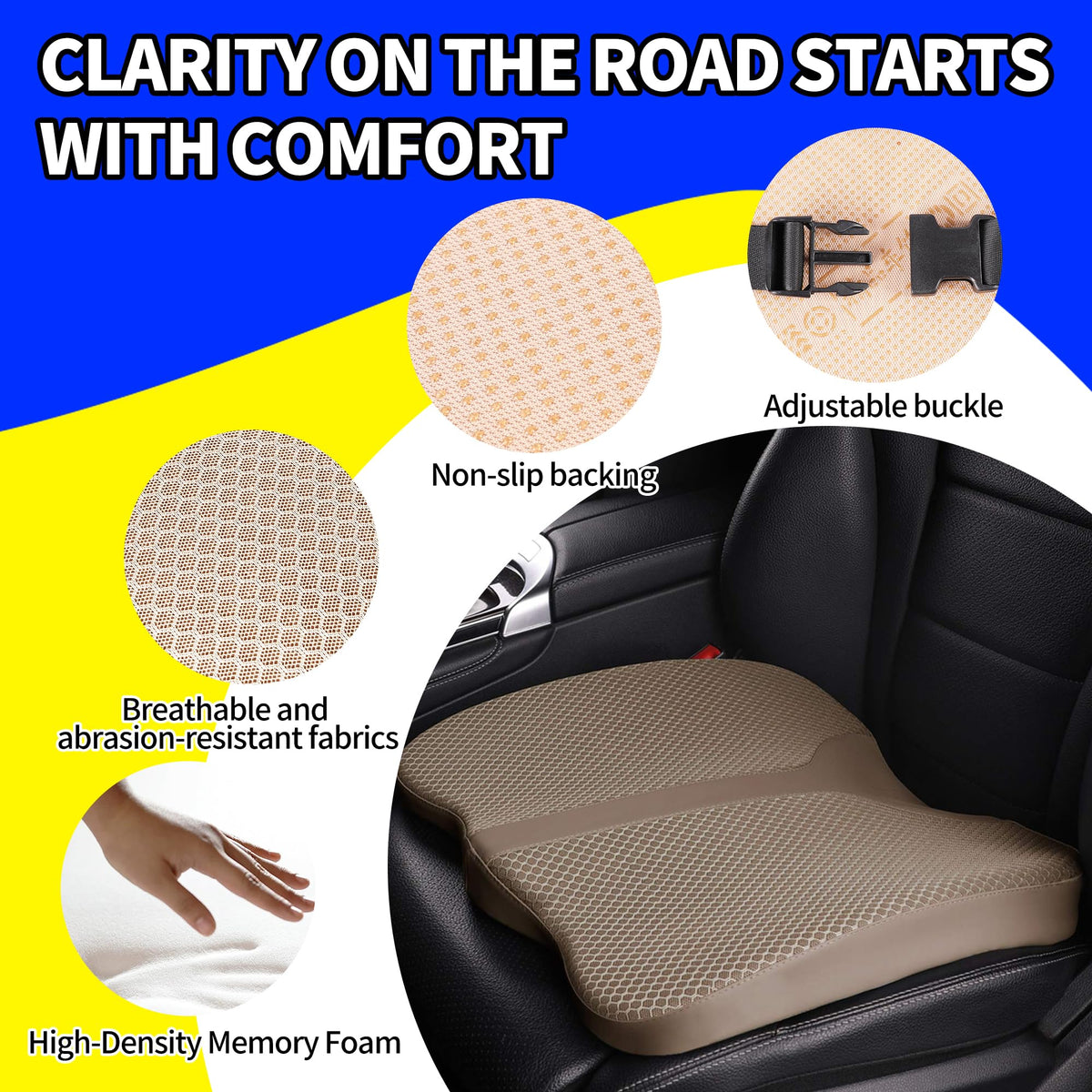 LARROUS cushion installed in car improving visibility and seat comfort