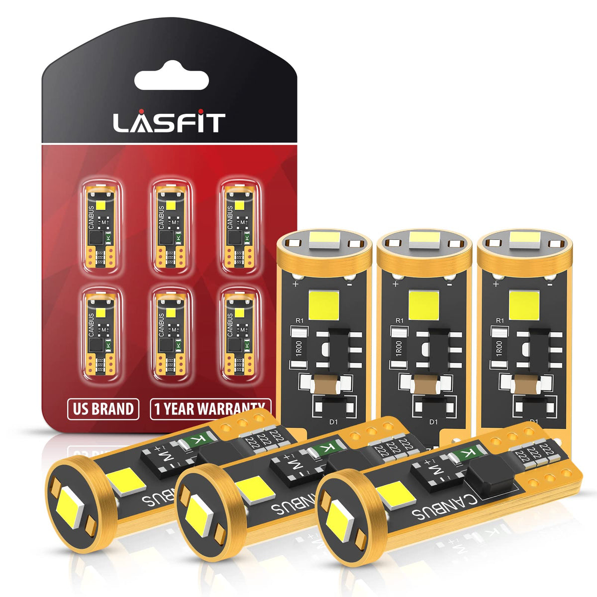 LASFIT front packaging showing six 194 LED bulbs and benefits