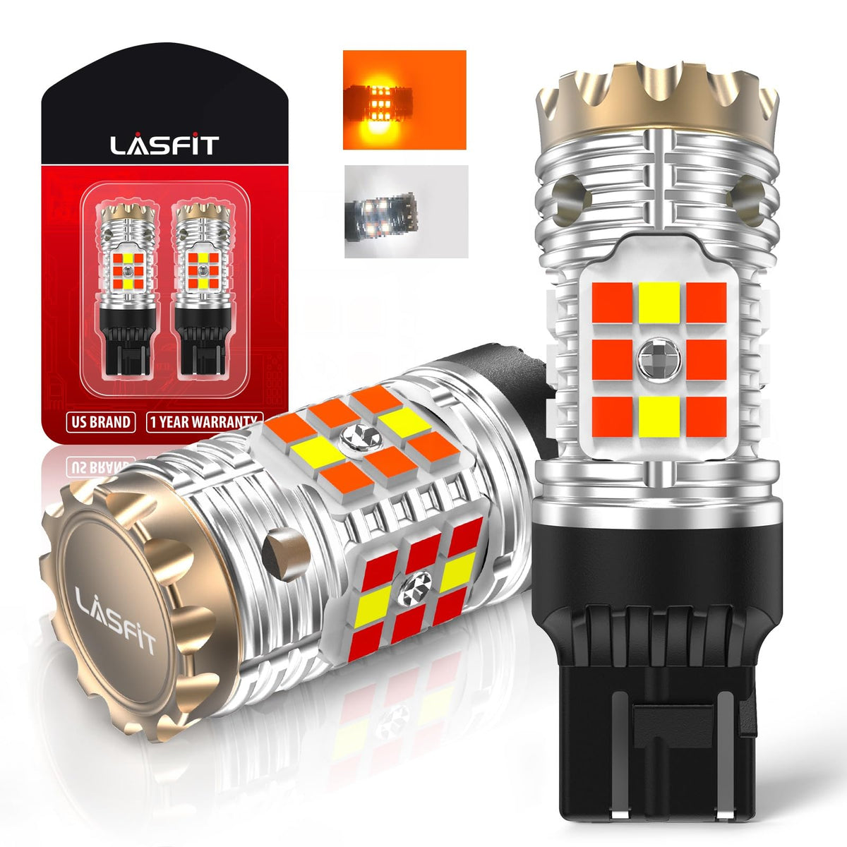 LASFIT 7443CK front view bulb pair showing fit and plug-and-play benefit