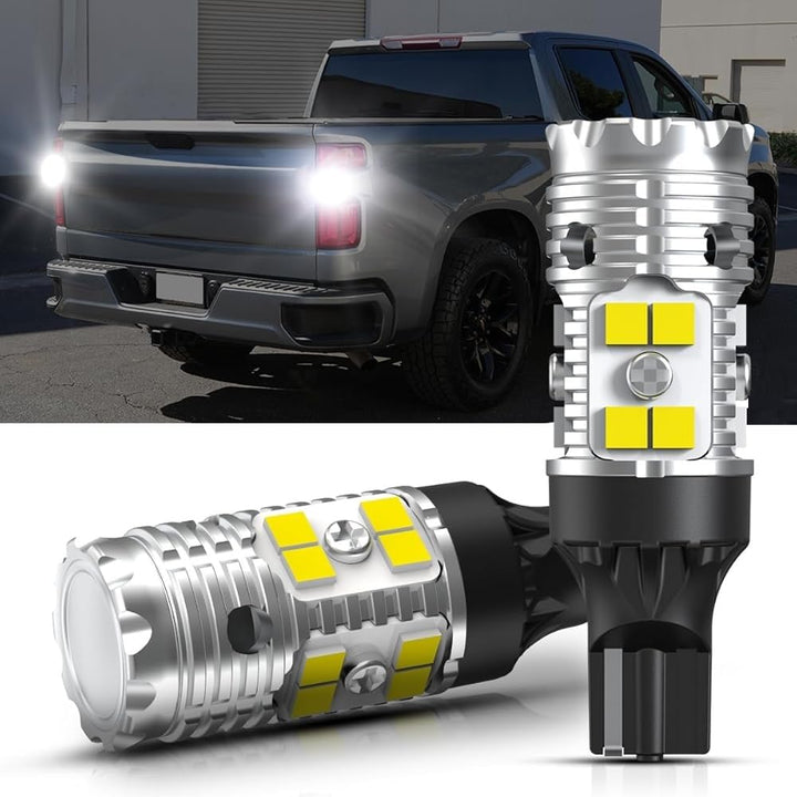 LASFIT front packaging showing included 921 LED bulbs and benefit of easy replacement