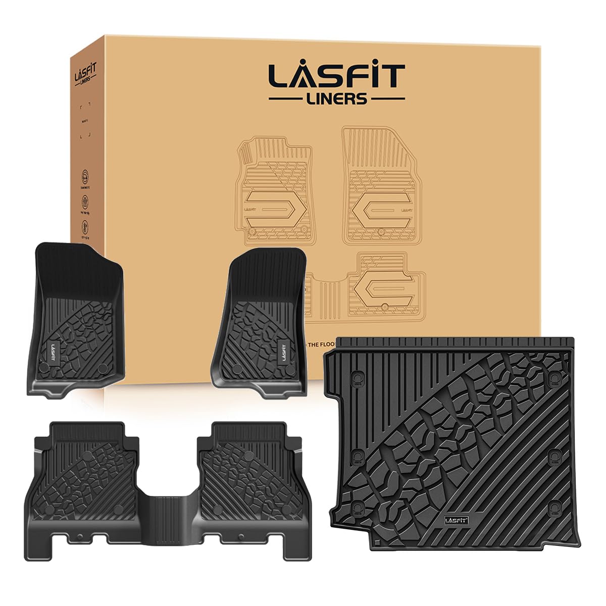 LASFIT cargo mat front packaging showing fit for Jeep Wrangler JL — ready-to-install protection