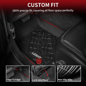 Close-up of LASFIT mat cutout around factory subwoofer in Jeep Wrangler JL — precise fit advantage